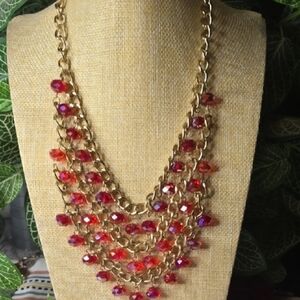 Gold Tone and Red Beaded Cascade Waterfall Bib Necklace